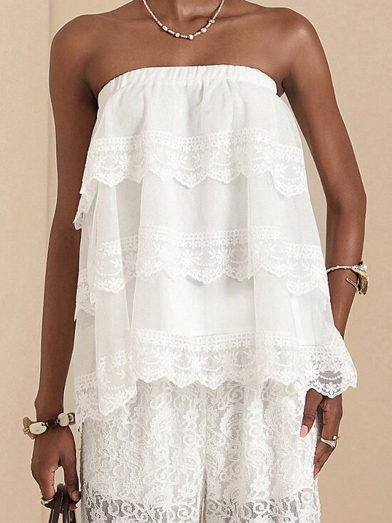 Tops - White Boho Women's Lace Trim Bandeau Top